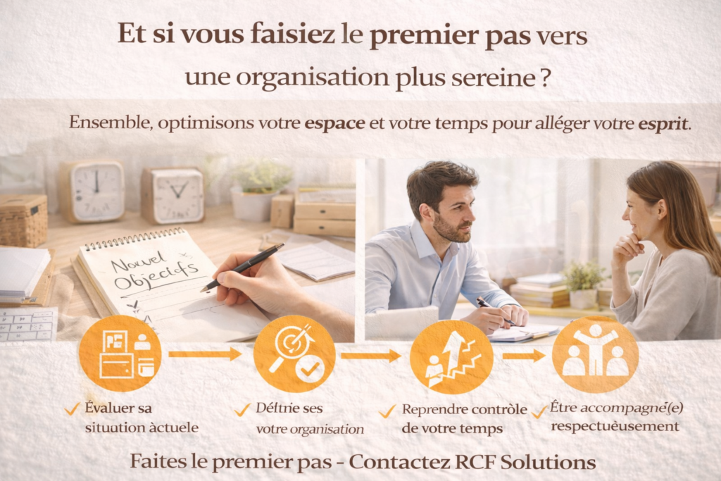 Faire le premier pas vers une organisation plus sereine grâce à l’accompagnement humain et personnalisé de RCF Solutions.